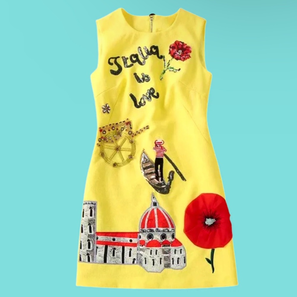 Yellow Embroidered Dress with Italy Theme